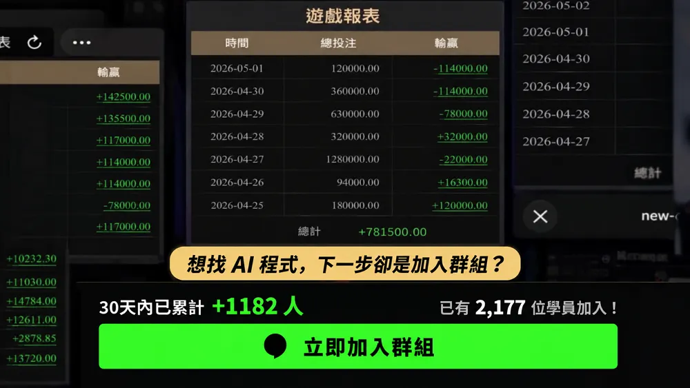 百家樂AI程式頁面顯示AI分析工具與立即加入群組入口